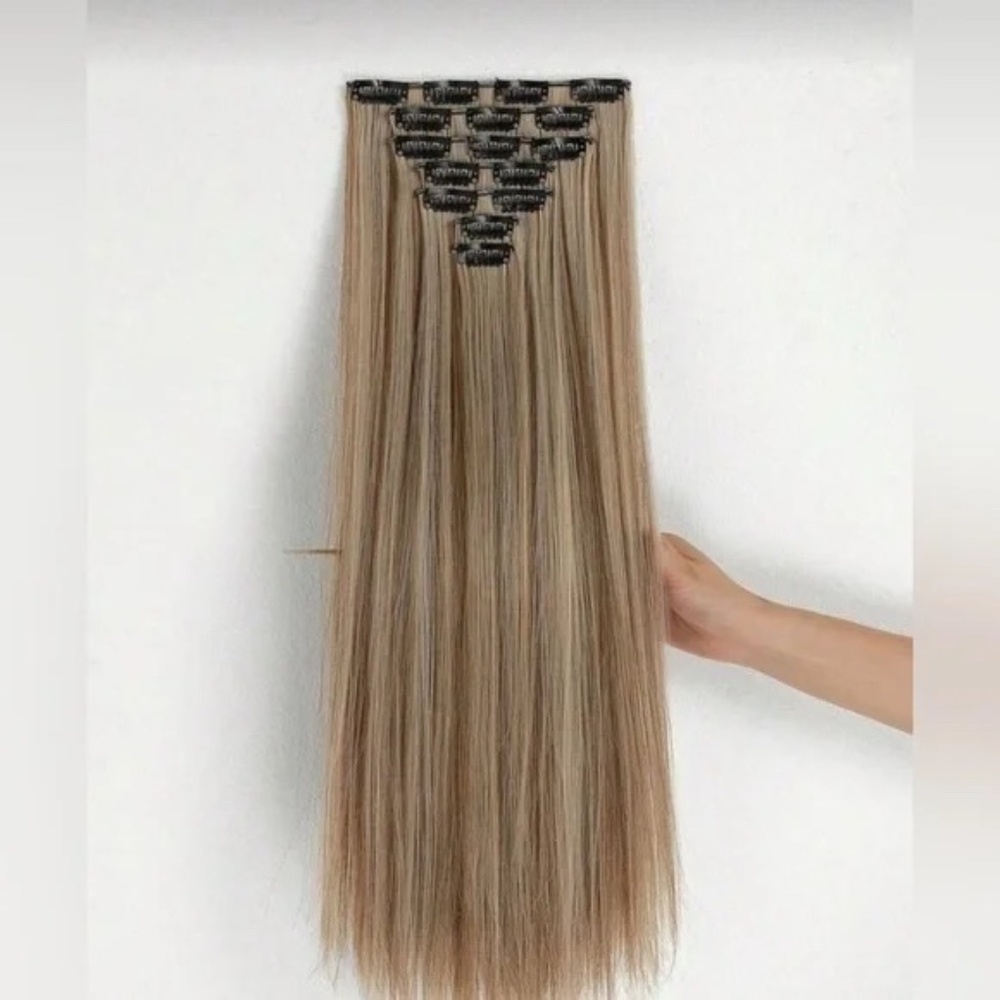 Human hair blend Light Brown With Light Blonde highlights Hair Extensions 24 in